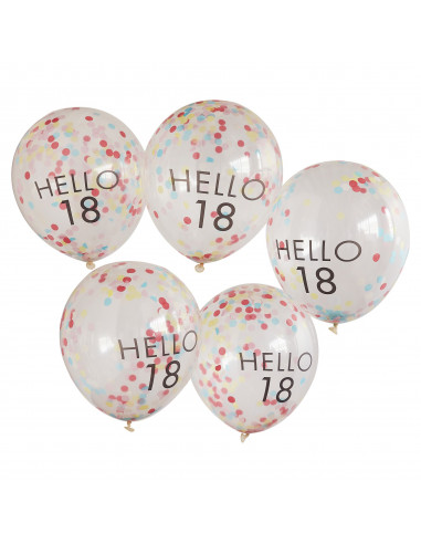 Ballons d'anniversaire confettis multicolores Hello 18