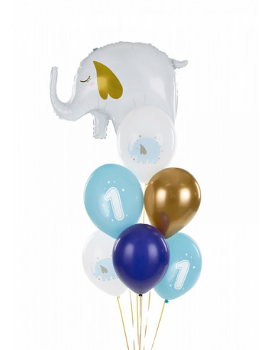 Ballons anniversaire 1 an, éléphant bleu pastel - 30 cm