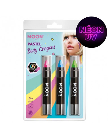 Crayons maquillage UV néon pastel - Pack de 3 - Rose, bleu et vert