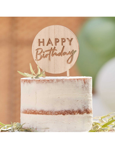 Cake Topper Happy Birthday Décoration de Gâteau Joyeux Anniversaire Topper  Rond en Bois Décor Anniversaire