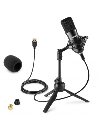 Micro studio, condensateur, USB, noir, avec pied de table, support,  bonnette et câble - CM300B - Vonyx
