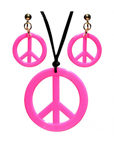 Boucles d'oreilles et collier hippie rose fluo
