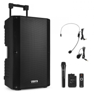 Vonyx - Sono portable sur batterie, 15" FM/SD/USB/MP3/BT, 1000W 1 micro main + 1 émetteur poche UHF - VSA700