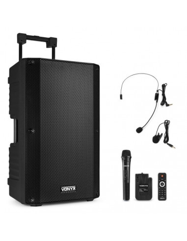 Vonyx - Sono portable sur batterie, 15" FM/SD/USB/MP3/BT, 1000W 1 micro main + 1 émetteur poche UHF - VSA700