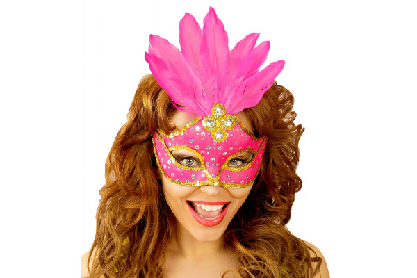 masque loup rose bresil plumes