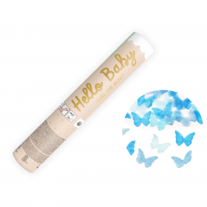 Canon à confettis Gender Reveal avec papillons bleus 20 cm