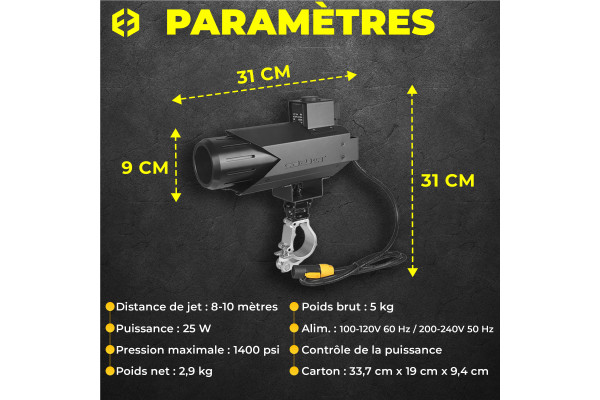 Paramètres et détails de la machine à fumée pivotable C02 JET PRO