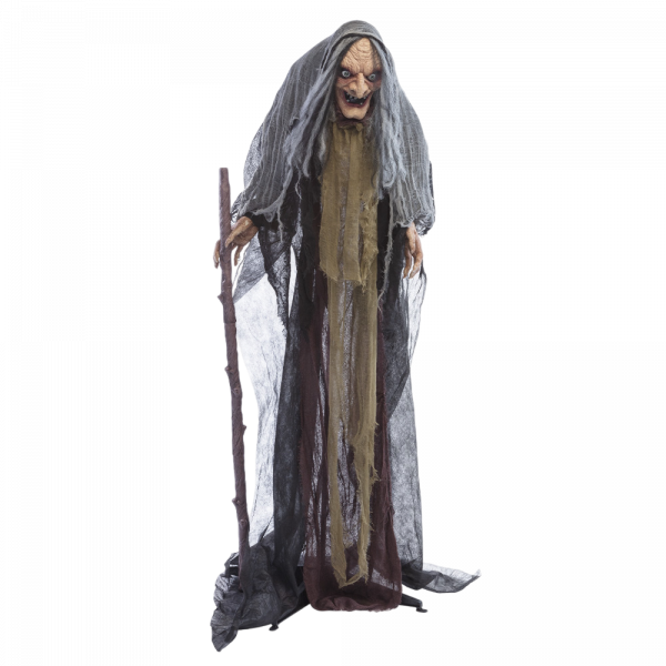 Sorcière Animée avec Canne 160 cm – Décoration Halloween Lumineuse et Sonore