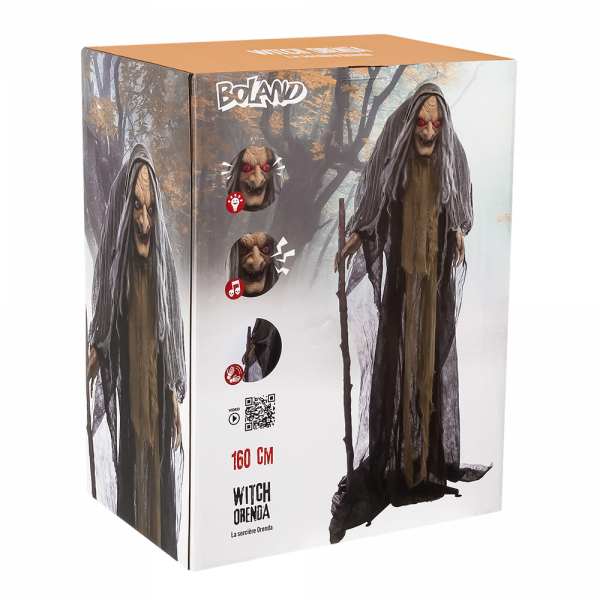 Sorcière Animée avec Canne 160 cm – Décoration Halloween Lumineuse et Sonore