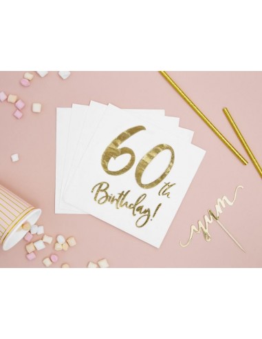 Serviettes en papier 60 ans, déco de table anniversaire blanc & or