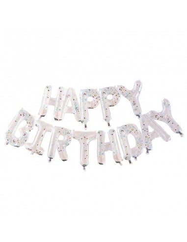 Ballons Happy Birthday confettis arc-en-ciel