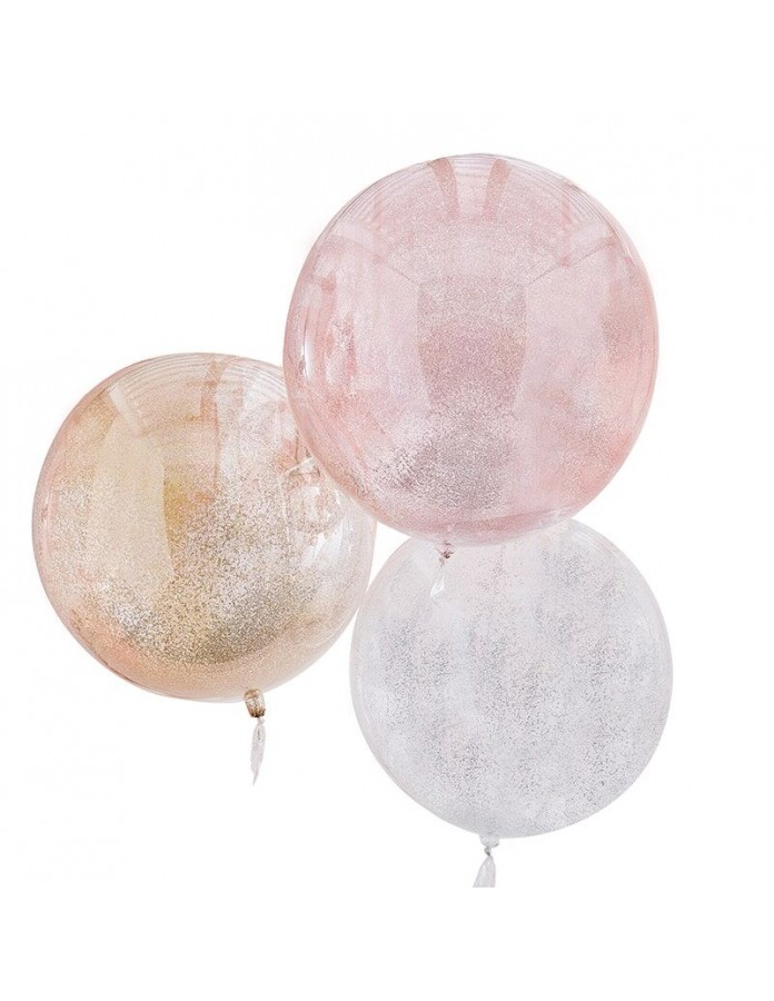 Grands ballons bubble à paillettes : rose, argent et doré
