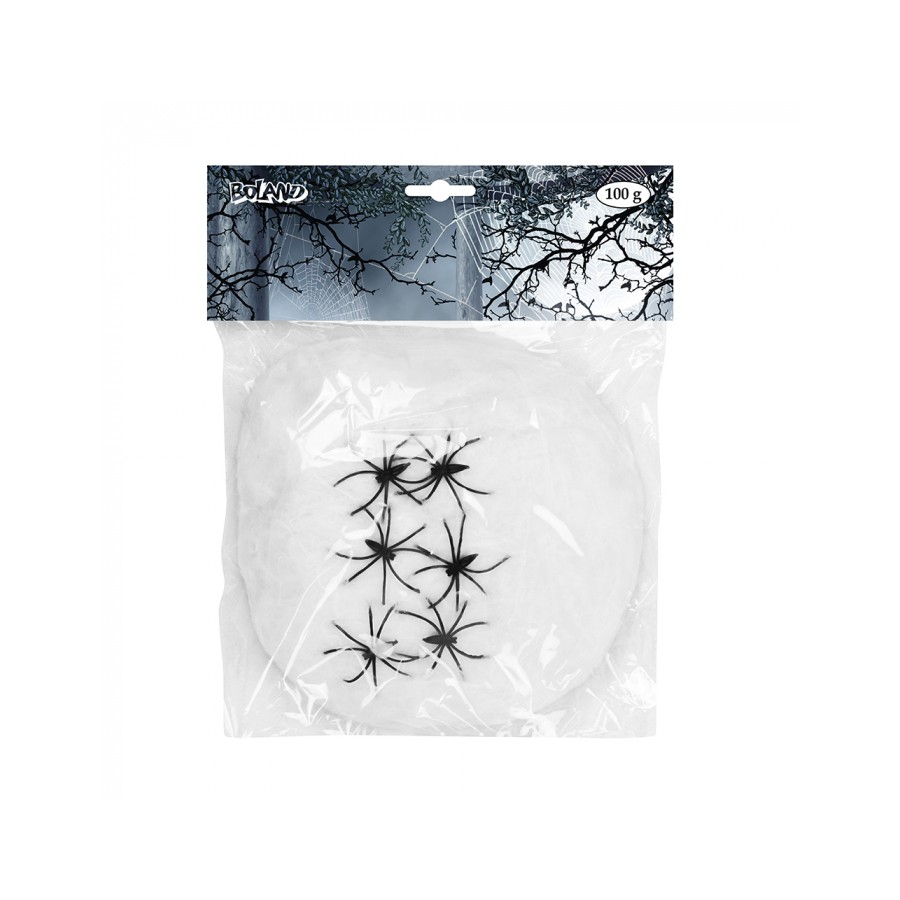Toile D'araignée Halloween 100g Avec 60 Araignées - Polyester Extensible, Pour Déco Intérieur/extérieur | Blanc